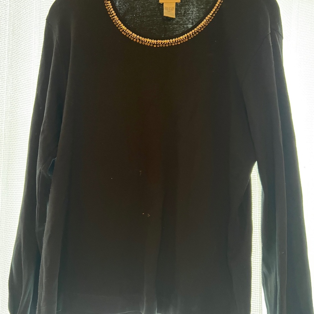 CHICO'S ALL COTTON SWEATER WITH SILVER PIPING. SIZE 1 CHICO'S OR MEDIUM.